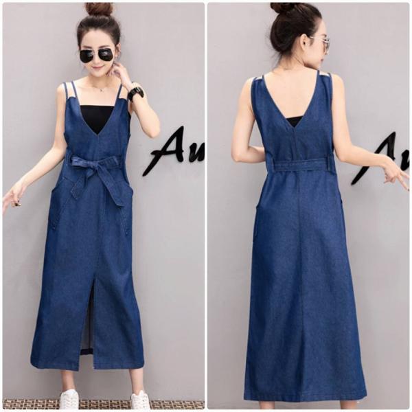 レディース ワンピース デニム ジャンパースカート Vネック サロペット ロング丈 春 夏 スカート カジュアル キュート 可愛い フェミニン きれいめ 上品 エレガント おしゃれ お出かけ デイリー 普段着 ネイビー S M L サイズ 送料無料