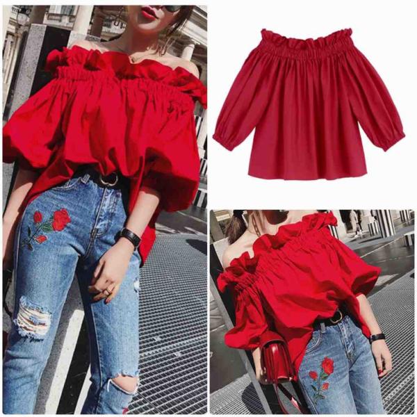 レディース 肩出し 肩見せ オフショルダー ブラウス パススリーブ 半袖 シャツ 春 夏 トップス カジュアル キュート 可愛い フェミニン きれいめ 上品 エレガント おしゃれ お出かけ デイリー 普段着 レッド フリーサイズ 送料無料