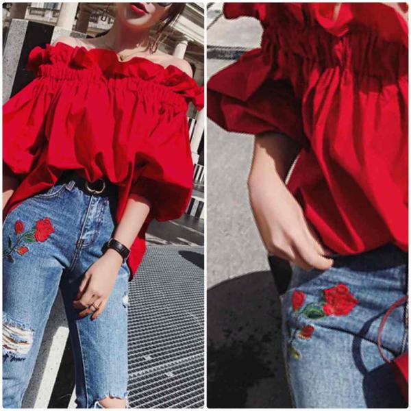 レディース 肩出し 肩見せ オフショルダー ブラウス パススリーブ 半袖 シャツ 春 夏 トップス カジュアル キュート 可愛い フェミニン きれいめ 上品 エレガント おしゃれ お出かけ デイリー 普段着 レッド フリーサイズ 送料無料