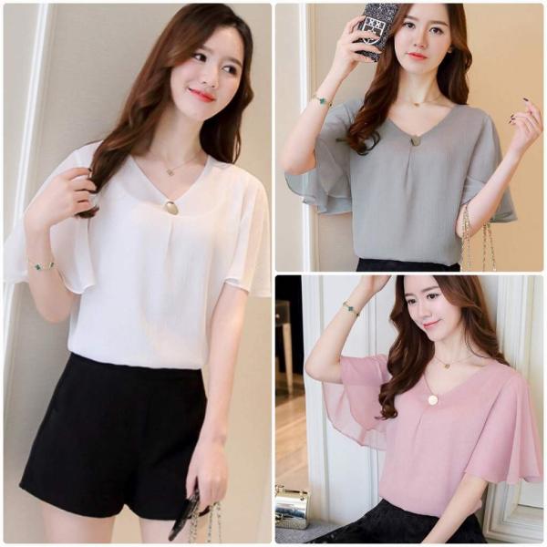 レディース 大きいサイズ Vネック ブラウス シフォン 半袖 シャツ 春 夏 トップス カジュアル キュート 可愛い フェミニン きれいめ エレガント おしゃれ お出かけ レッド ブラック ピンク パープル ベージュ グレー ホワイト ブルー 送料無料