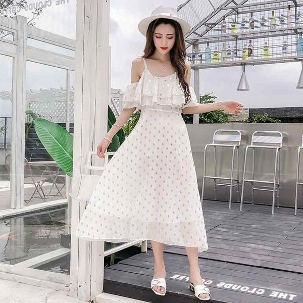 レディース ワンピース ラバティンカラー シフォン 半袖 ロング丈 フリル 水玉 カジュアル 大人可愛い フェミニン お出かけ デート デイリー 夏 リゾート ホワイト S M L XL 送料無料