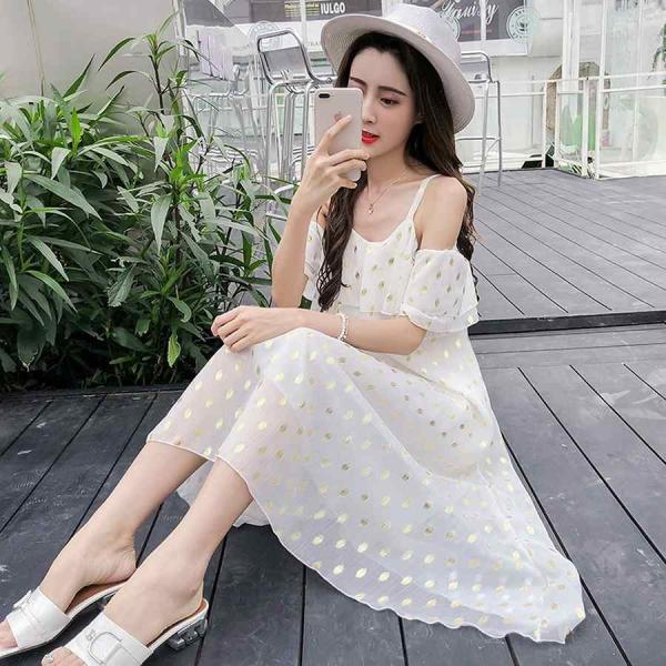 レディース ワンピース ラバティンカラー シフォン 半袖 ロング丈 フリル 水玉 カジュアル 大人可愛い フェミニン お出かけ デート デイリー 夏 リゾート ホワイト S M L XL 送料無料