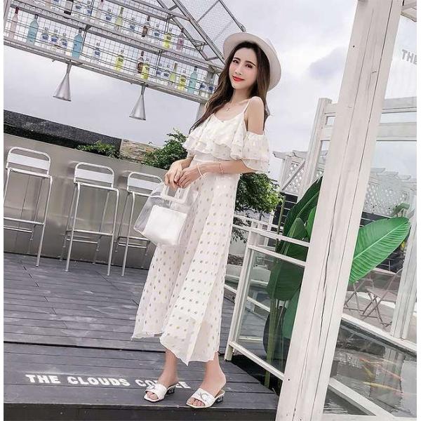 レディース ワンピース ラバティンカラー シフォン 半袖 ロング丈 フリル 水玉 カジュアル 大人可愛い フェミニン お出かけ デート デイリー 夏 リゾート ホワイト S M L XL 送料無料