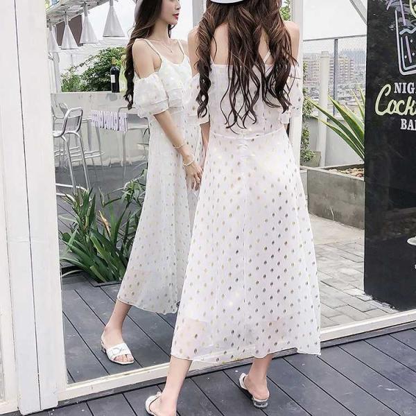 レディース ワンピース ラバティンカラー シフォン 半袖 ロング丈 フリル 水玉 カジュアル 大人可愛い フェミニン お出かけ デート デイリー 夏 リゾート ホワイト S M L XL 送料無料
