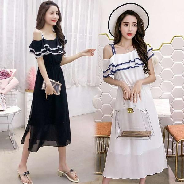 レディース ワンピース ロング丈 シフォン オープンショルダー 半袖 フレア 無地 カジュアル 大人可愛い フェミニン お出かけ デート デイリー 夏 リゾート ブラック ホワイト S M L XL 送料無料