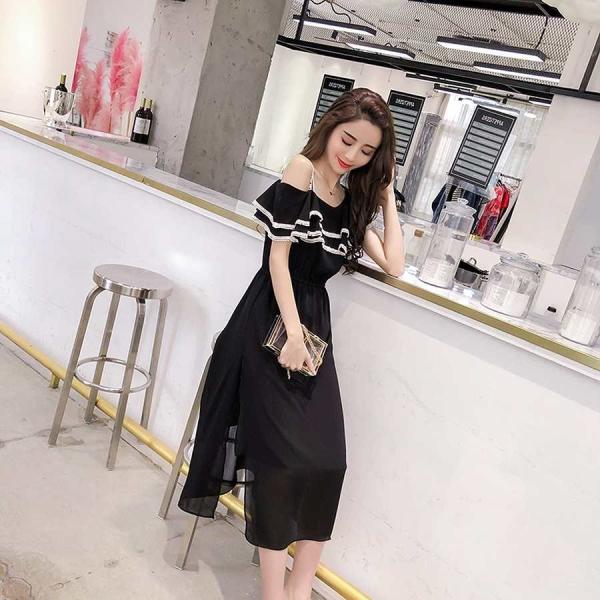 レディース ワンピース ロング丈 シフォン オープンショルダー 半袖 フレア 無地 カジュアル 大人可愛い フェミニン お出かけ デート デイリー 夏 リゾート ブラック ホワイト S M L XL 送料無料