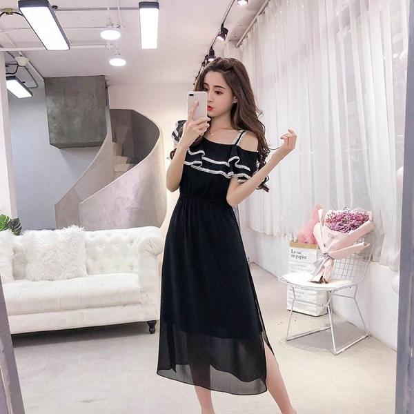 レディース ワンピース ロング丈 シフォン オープンショルダー 半袖 フレア 無地 カジュアル 大人可愛い フェミニン お出かけ デート デイリー 夏 リゾート ブラック ホワイト S M L XL 送料無料