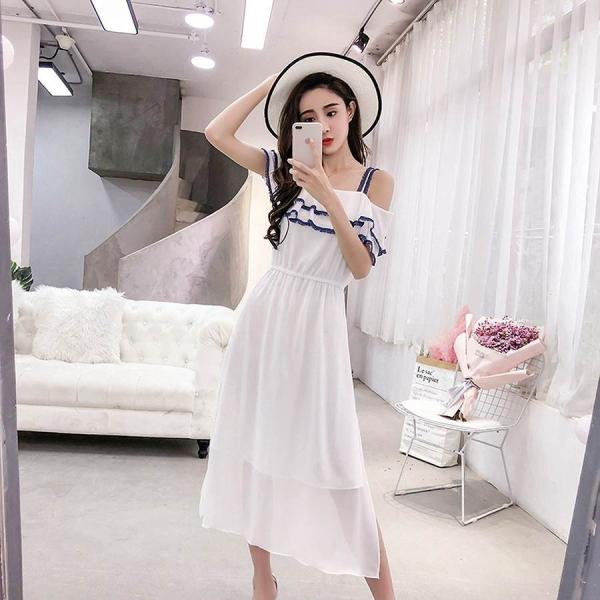 レディース ワンピース ロング丈 シフォン オープンショルダー 半袖 フレア 無地 カジュアル 大人可愛い フェミニン お出かけ デート デイリー 夏 リゾート ブラック ホワイト S M L XL 送料無料