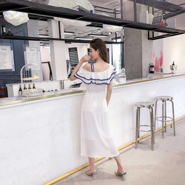 レディース ワンピース ロング丈 シフォン オープンショルダー 半袖 フレア 無地 カジュアル 大人可愛い フェミニン お出かけ デート デイリー 夏 リゾート ブラック ホワイト S M L XL 送料無料