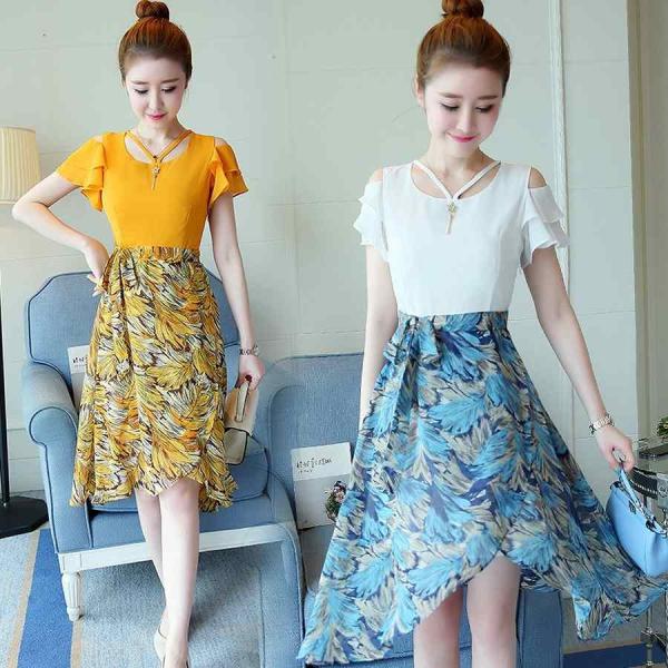 レディース ワンピース ミモレ丈 半袖 オープンショルダー シフォン フレア袖 切替 無地 花柄 カジュアル 大人可愛い フェミニン お出かけ デート デイリー 夏 リゾート イエロー ブルー S M L XL 2XL 送料無料