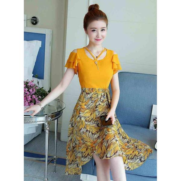 レディース ワンピース ミモレ丈 半袖 オープンショルダー シフォン フレア袖 切替 無地 花柄 カジュアル 大人可愛い フェミニン お出かけ デート デイリー 夏 リゾート イエロー ブルー S M L XL 2XL 送料無料