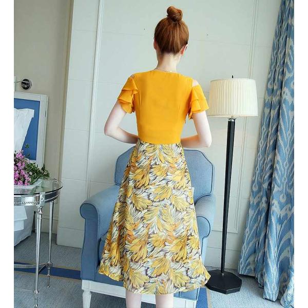 レディース ワンピース ミモレ丈 半袖 オープンショルダー シフォン フレア袖 切替 無地 花柄 カジュアル 大人可愛い フェミニン お出かけ デート デイリー 夏 リゾート イエロー ブルー S M L XL 2XL 送料無料