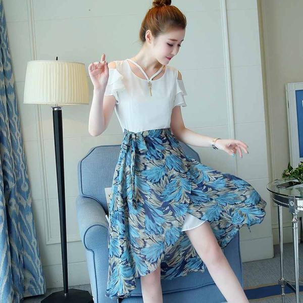 レディース ワンピース ミモレ丈 半袖 オープンショルダー シフォン フレア袖 切替 無地 花柄 カジュアル 大人可愛い フェミニン お出かけ デート デイリー 夏 リゾート イエロー ブルー S M L XL 2XL 送料無料