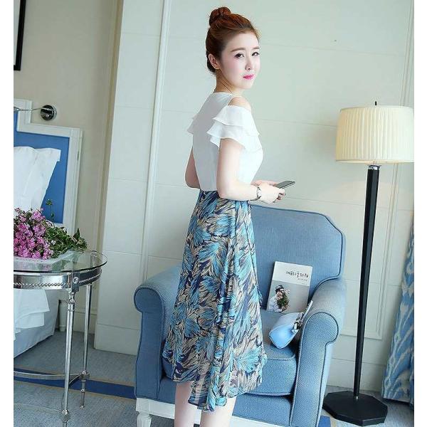 レディース ワンピース ミモレ丈 半袖 オープンショルダー シフォン フレア袖 切替 無地 花柄 カジュアル 大人可愛い フェミニン お出かけ デート デイリー 夏 リゾート イエロー ブルー S M L XL 2XL 送料無料