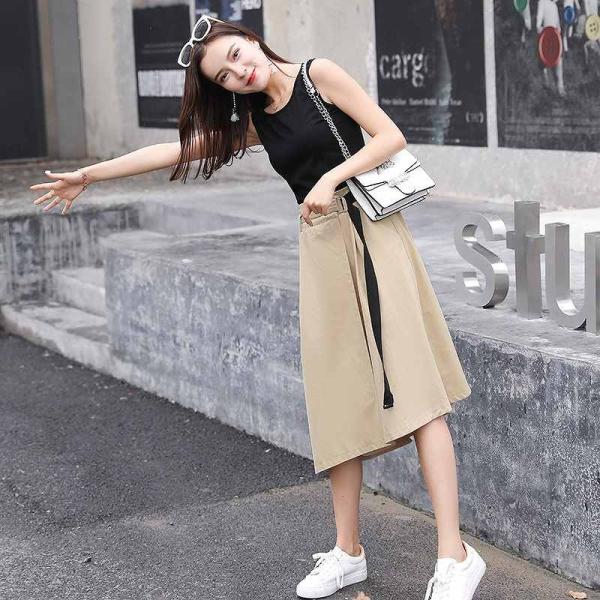 レディース ツーピース 半袖Tシャツ&スカート ラウンドネック ミモレ丈 無地 ベルト付き カジュアル 大人可愛い フェミニン お出かけ デート デイリー 夏 リゾート ブラック S M L XL 送料無料