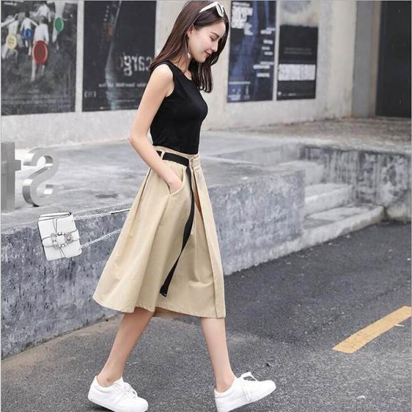 レディース ツーピース 半袖Tシャツ&スカート ラウンドネック ミモレ丈 無地 ベルト付き カジュアル 大人可愛い フェミニン お出かけ デート デイリー 夏 リゾート ブラック S M L XL 送料無料