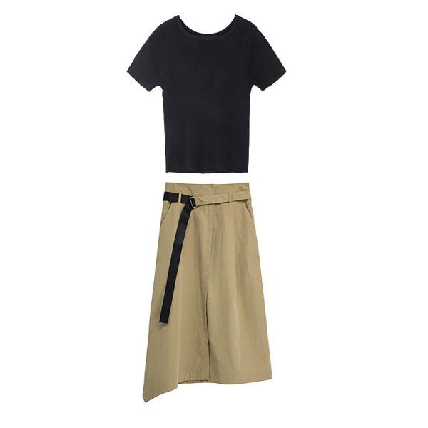 レディース ツーピース 半袖Tシャツ&スカート ラウンドネック ミモレ丈 無地 ベルト付き カジュアル 大人可愛い フェミニン お出かけ デート デイリー 夏 リゾート ブラック S M L XL 送料無料