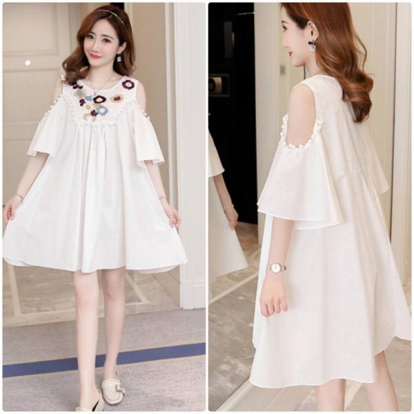 レディース 大きいサイズ ワンピース 肩出し 肩見せ ショルダーカット 刺繍 花柄 フレアスリーブ ボリュームスリーブ春 夏 スカート カジュアル キュート 可愛い フェミニン きれいめ おしゃれ お出かけ デイリー 普段着 ホワイト 2XL 送料無料