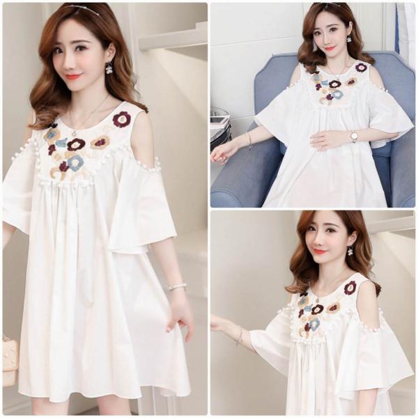 レディース 大きいサイズ ワンピース 肩出し 肩見せ ショルダーカット 刺繍 花柄 フレアスリーブ ボリュームスリーブ春 夏 スカート カジュアル キュート 可愛い フェミニン きれいめ おしゃれ お出かけ デイリー 普段着 ホワイト 2XL 送料無料