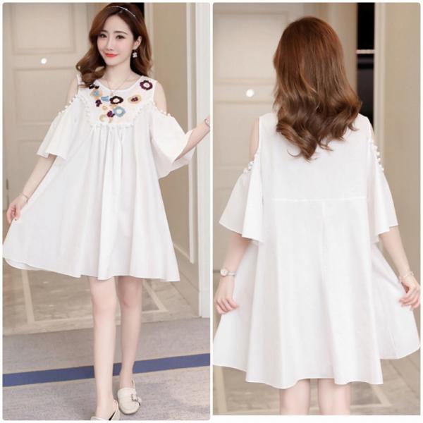 レディース 大きいサイズ ワンピース 肩出し 肩見せ ショルダーカット 刺繍 花柄 フレアスリーブ ボリュームスリーブ春 夏 スカート カジュアル キュート 可愛い フェミニン きれいめ おしゃれ お出かけ デイリー 普段着 ホワイト 2XL 送料無料