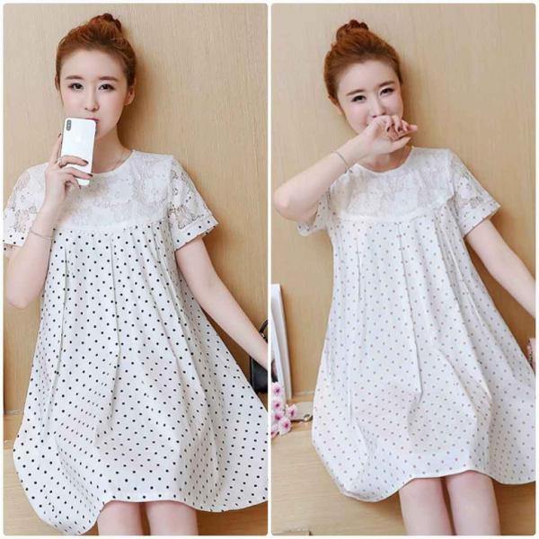 レディース 大きいサイズ ワンピース ひざ上丈 ドット ラウンドネック レース 半袖 春 夏 スカート カジュアル キュート 可愛い フェミニン きれいめ 上品 エレガント おしゃれ お出かけ デイリー 普段着 レッド ブラック 2XL 送料無料