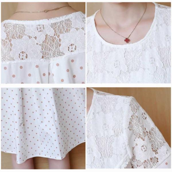 レディース 大きいサイズ ワンピース ひざ上丈 ドット ラウンドネック レース 半袖 春 夏 スカート カジュアル キュート 可愛い フェミニン きれいめ 上品 エレガント おしゃれ お出かけ デイリー 普段着 レッド ブラック 2XL 送料無料