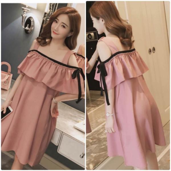 レディース 大きいサイズ ワンピース ひざ上丈 ミディ丈 肩出し 肩見せ オフショルダー ストラップ 春 夏 スカート カジュアル キュート 可愛い フェミニン きれいめ 上品 エレガント おしゃれ お出かけ デイリー 普段着 ピンク 2XL 送料無料