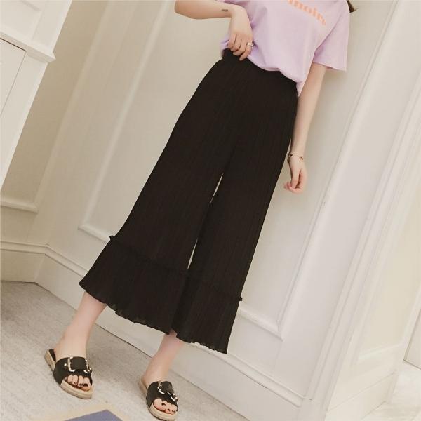 レディース ボトムス ワイドパンツ クロップドパンツ プリーツ シフォン 無地 カジュアル 大人可愛い フェミニン オフィス デート お出かけ デイリー リゾート ピンク ブラック S M 送料無料