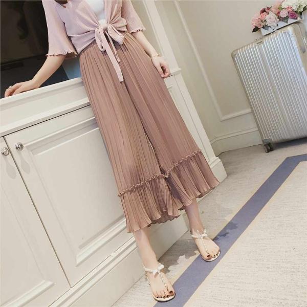 レディース ボトムス ワイドパンツ クロップドパンツ プリーツ シフォン 無地 カジュアル 大人可愛い フェミニン オフィス デート お出かけ デイリー リゾート ピンク ブラック S M 送料無料