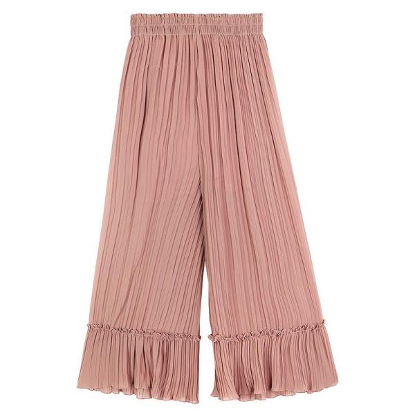 レディース ボトムス ワイドパンツ クロップドパンツ プリーツ シフォン 無地 カジュアル 大人可愛い フェミニン オフィス デート お出かけ デイリー リゾート ピンク ブラック S M 送料無料