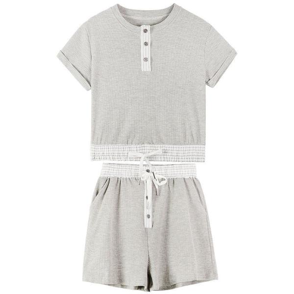 レディース セットアップ 半袖トップス＆ショートパンツ 無地 ヘンリーネック カジュアル 大人可愛い フェミニン デイリー お出かけ デート リゾート ホワイト S M 送料無料