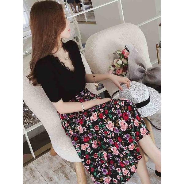 レディース ツーピース Vネック 半袖カットソー＆ロングスカート 無地 花柄 総柄 カジュアル 大人可愛い セクシー フェミニン オフィス デイリー お出かけ デート リゾート パープル ブラック S M L 送料無料