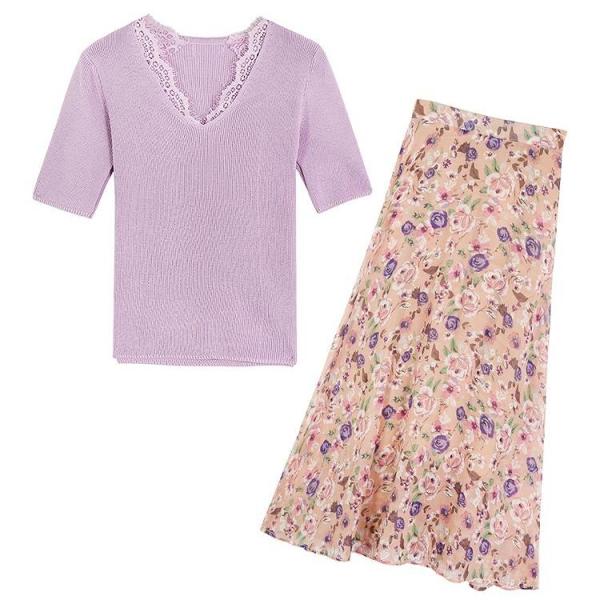 レディース ツーピース Vネック 半袖カットソー＆ロングスカート 無地 花柄 総柄 カジュアル 大人可愛い セクシー フェミニン オフィス デイリー お出かけ デート リゾート パープル ブラック S M L 送料無料