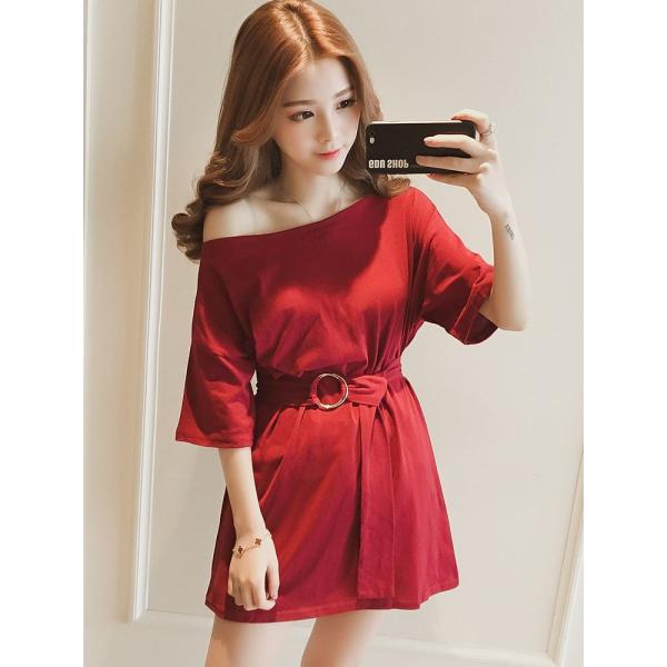 レディース ワンピース 肩出し 肩見せ ベルト付き ミニ丈 無地 半袖 春 夏 スカート カジュアル キュート 可愛い フェミニン きれいめ 上品 エレガント おしゃれ お出かけ デイリー 普段着 レッド ベージュ ブラック M L サイズ 送料無料