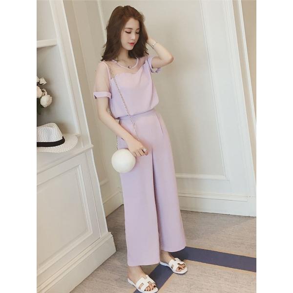 レディース サロペット 透け感 透け素材 オールインワン オーバーオール ワイドレッグパンツ ボトムス カジュアル キュート 可愛い フェミニン おしゃれ お出かけ デイリー 普段着 春 夏 パープル ブラック グレー S M L サイズ 送料無料