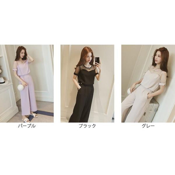 レディース サロペット 透け感 透け素材 オールインワン オーバーオール ワイドレッグパンツ ボトムス カジュアル キュート 可愛い フェミニン おしゃれ お出かけ デイリー 普段着 春 夏 パープル ブラック グレー S M L サイズ 送料無料