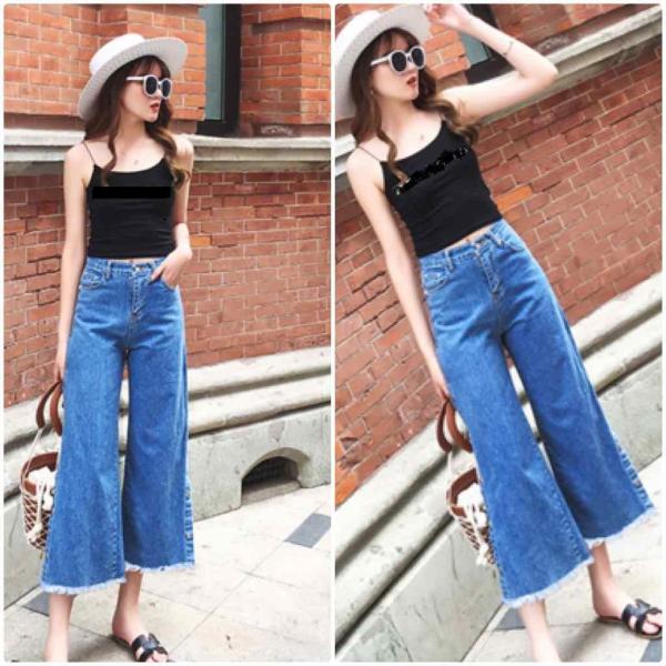 レディース ボトムス デニム パンツ ワイド クロップド 8分丈 カットオフ 無地 夏 カジュアル 大人可愛い フェミニン 大きいサイズ お出かけ デート デイリー ブルー L XL XL 3XL 4XL 送料無料