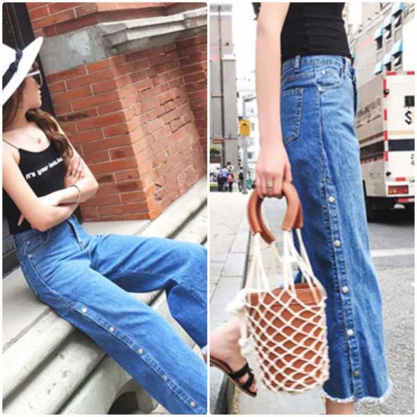 レディース ボトムス デニム パンツ ワイド クロップド 8分丈 カットオフ 無地 夏 カジュアル 大人可愛い フェミニン 大きいサイズ お出かけ デート デイリー ブルー L XL XL 3XL 4XL 送料無料