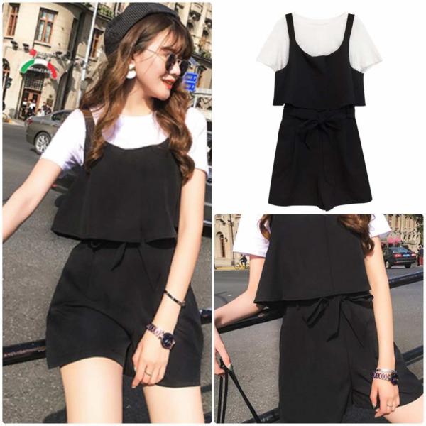 レディース セットアップ Tシャツ&サロペット 半袖 ラウンドネック ウエストリボン 無地 夏 カジュアル 大人可愛い フェミニン 大きいサイズ お出かけ デート デイリー ホワイト×ブラック L XL XL 3XL 4XL 送料無料