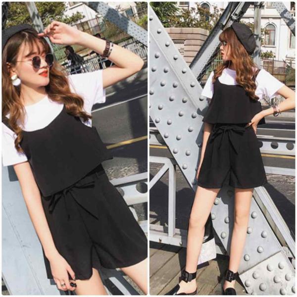 レディース セットアップ Tシャツ&サロペット 半袖 ラウンドネック ウエストリボン 無地 夏 カジュアル 大人可愛い フェミニン 大きいサイズ お出かけ デート デイリー ホワイト×ブラック L XL XL 3XL 4XL 送料無料