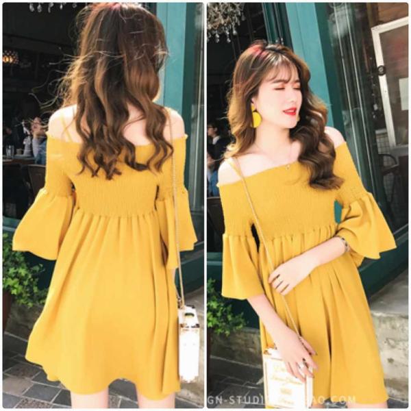 レディース オフショルダー ワンピース 膝丈 フレア 7分袖 袖フレア ハイウエスト 無地 カジュアル 大人可愛い フェミニン 大きいサイズ お出かけ デート デイリー イエロー L XL XL 3XL 4XL 送料無料