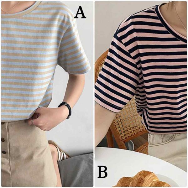 レディース 半袖Tシャツ ラウンドネック ボーダー カットソー ショートスリーブ 夏 春 トップス カジュアル キュート 大人 可愛い フェミニン おしゃれ お出かけ 普段着 デイリー ブラウン ピンク フリーサイズ ワンサイズ 送料無料