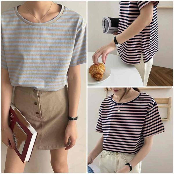 レディース 半袖Tシャツ ラウンドネック ボーダー カットソー ショートスリーブ 夏 春 トップス カジュアル キュート 大人 可愛い フェミニン おしゃれ お出かけ 普段着 デイリー ブラウン ピンク フリーサイズ ワンサイズ 送料無料
