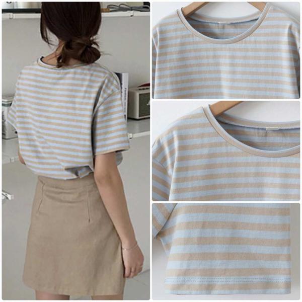 レディース 半袖Tシャツ ラウンドネック ボーダー カットソー ショートスリーブ 夏 春 トップス カジュアル キュート 大人 可愛い フェミニン おしゃれ お出かけ 普段着 デイリー ブラウン ピンク フリーサイズ ワンサイズ 送料無料