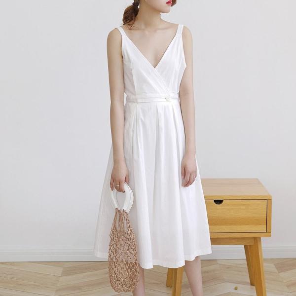 レディース ワンピース Vネック ノースリーブ ミモレ丈 無地 ハイウエスト 春 夏 スカート カジュアル キュート 可愛い フェミニン きれいめ 上品 エレガント おしゃれ お出かけ デイリー ホワイト ベージュ フリーサイズ ワンサイズ 送料無料