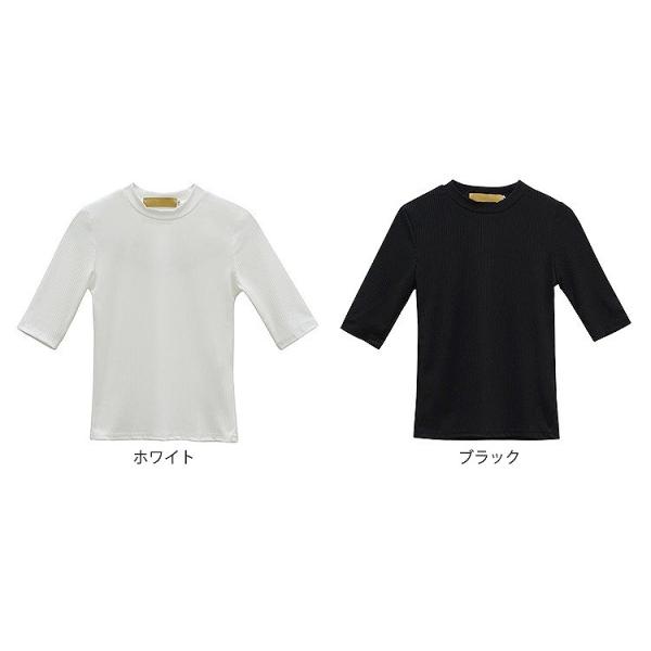 レディース カットソー 五分袖 無地 シンプル タイト クルーネック トップス カジュアル キュート 大人 可愛い フェミニン おしゃれ お出かけ オフィス デイリー 普段着 ブラック ホワイト S M サイズ 送料無料