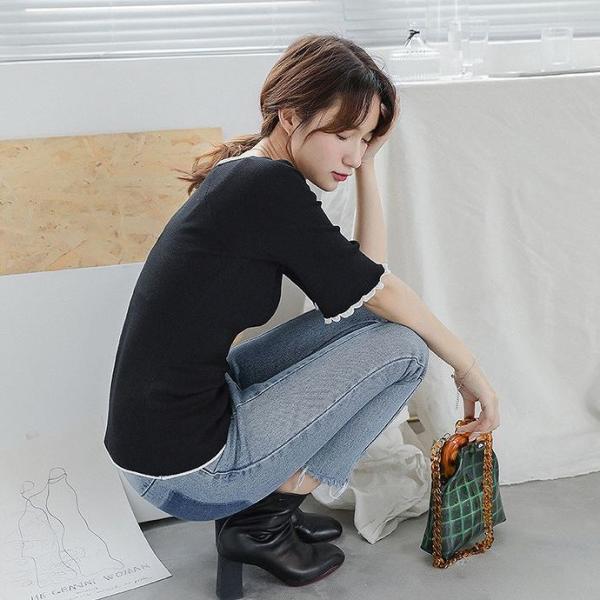 レディース カットソー 五分袖 無地 シンプル タイト ラウンドネック フレアスリーブ ボリュームスリーブ トップス カジュアル 大人 可愛い フェミニン おしゃれ オフィス デイリー 普段着 ブラック ホワイト カーキ グリーン フリーサイズ 送料無料