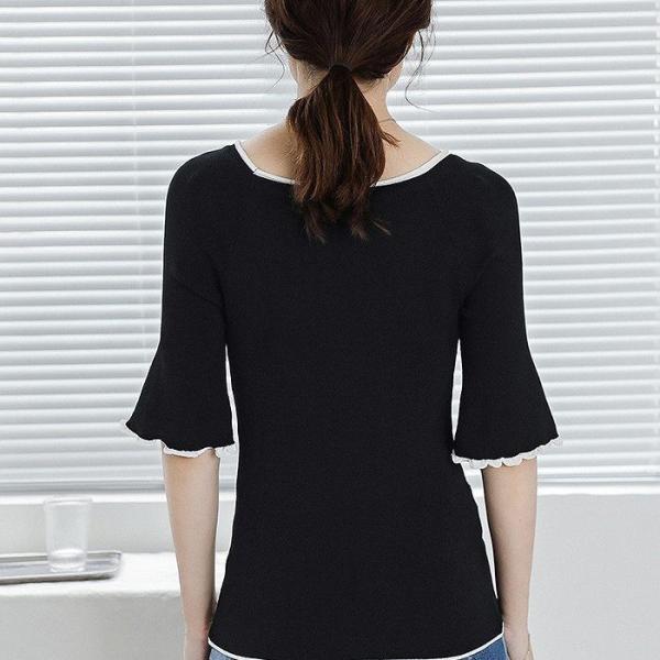 レディース カットソー 五分袖 無地 シンプル タイト ラウンドネック フレアスリーブ ボリュームスリーブ トップス カジュアル 大人 可愛い フェミニン おしゃれ オフィス デイリー 普段着 ブラック ホワイト カーキ グリーン フリーサイズ 送料無料