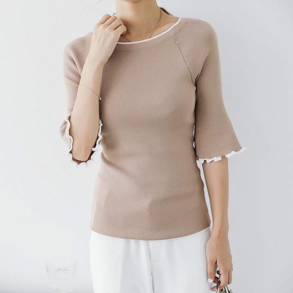 レディース カットソー 五分袖 無地 シンプル タイト ラウンドネック フレアスリーブ ボリュームスリーブ トップス カジュアル 大人 可愛い フェミニン おしゃれ オフィス デイリー 普段着 ブラック ホワイト カーキ グリーン フリーサイズ 送料無料