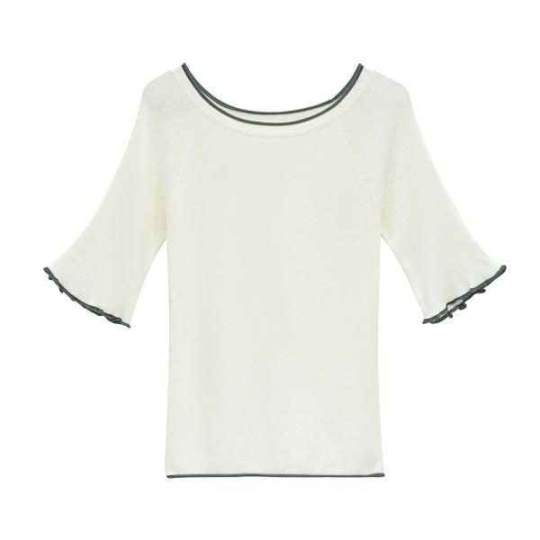 レディース カットソー 五分袖 無地 シンプル タイト ラウンドネック フレアスリーブ ボリュームスリーブ トップス カジュアル 大人 可愛い フェミニン おしゃれ オフィス デイリー 普段着 ブラック ホワイト カーキ グリーン フリーサイズ 送料無料